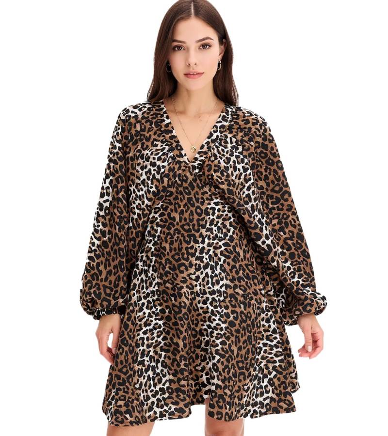 wildes Damen Sommer-Kleid Animalprint-Kleid mit Ballonärmeln kurzes Mini-Kleid 973887 Braun von O46bpx