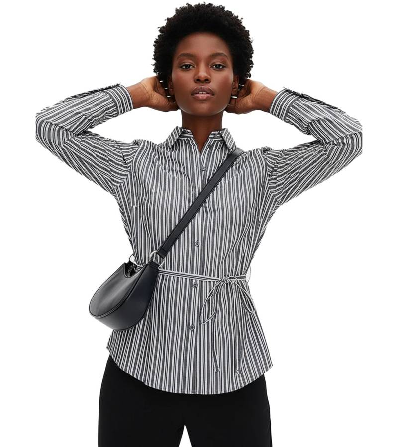 zeitlose Damen Sommer-Bluse mit Bindegürtel Langarm-Hemd Baumwoll-Bluse 926101 Grau/Weiß von O46bpx