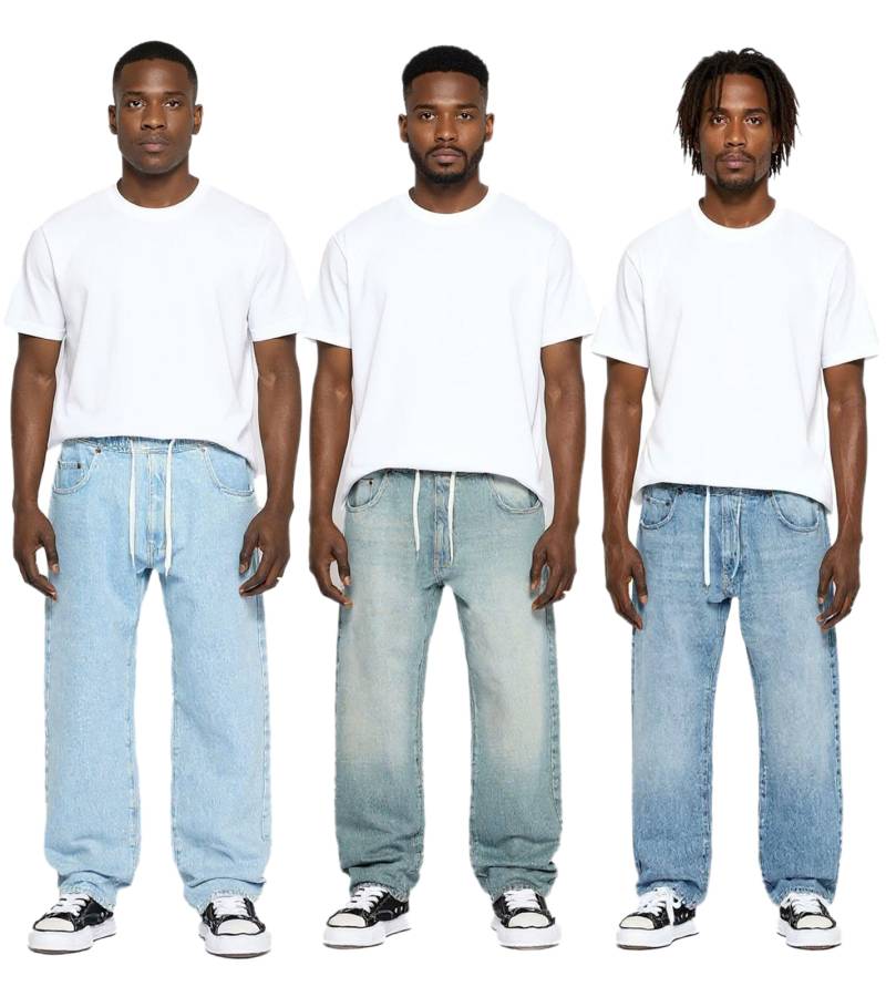 stylische Herren Jeans im Jogger-Stil Denim-Hose Baggy Leg mit Bindeband BR-12000 Blau in verschiedenen Ausfertigungen Pacific Blue, 90s Blue oder Heaven Blue von O46br