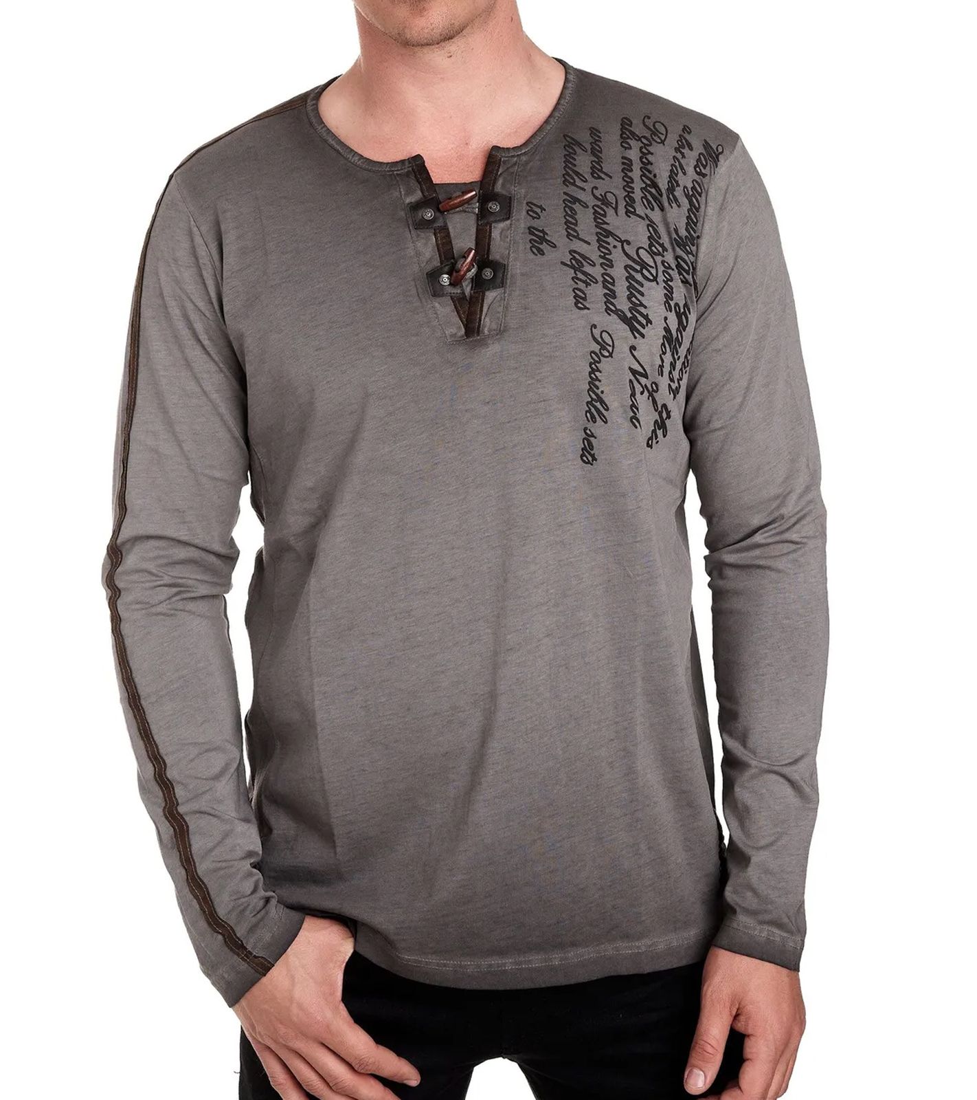 Herren Langarm-Shirt mit Schriftzug Sommer-Baumwoll-Longsleeve mit V-Ausschnitt Freizeit-Pullover R-10115 Dunkelgrau Herren Langarm-Shirt mit Schriftzug Sommer-Baumwoll-Longsleeve mit V-Ausschnitt Freizeit-Pullover R-10115 Dunkelgrau von O46rn
