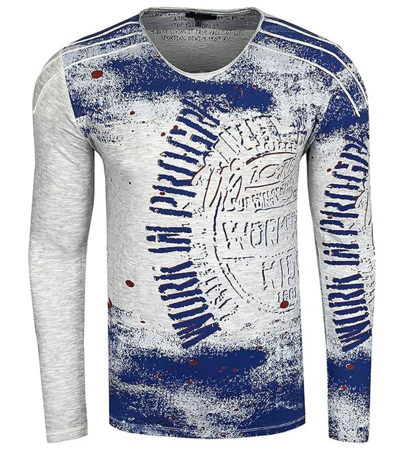 Herren Longsleeve im Vintage-Stil Work in Progress Langarm-Shirt Rundhals Baumwoll-Shirt R-10109 Hellgrau von O46rn