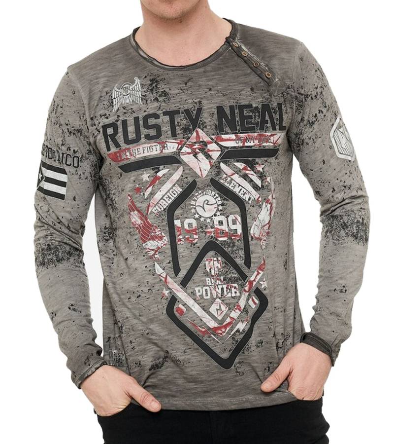 Herren Longsleeve mit Fighter-Print Baumwoll-Langarm-Shirt Sommer-Pullover Freizeit-Shirt R-10150 Grau von O46rn