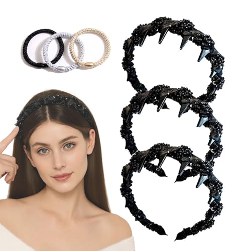 3Pcs High Cranium Headband Non-Slip with Teeth, Vintage High Cranium Artificial Pearl Hairband, Elegant Pearl-Strung Hair Hoop von OADAA