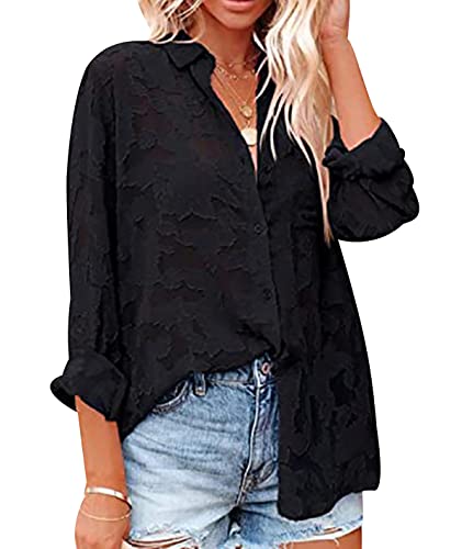 Bluse Damen Sommer Gant Pullover Damen Langarm-Shirts V-Ausschnitt Shirt Baggy Bluse Plus Size Damen Shirt Sommerbluse Hohl Chiffon Shirt Jacquard Shirt Freizeithemd Schwarz M von OADOBKICE