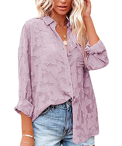 Bluse Damen Sommer Gant Pullover Damen Langarm-Shirts V-Ausschnitt Shirt Baggy Bluse Plus Size Damen Shirt Sommerbluse Hohl Chiffon Shirt Jacquard Shirt Freizeithemd Violett L von OADOBKICE