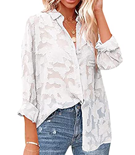 Bluse Damen Sommer Gant Pullover Damen Langarm-Shirts V-Ausschnitt Shirt Baggy Bluse Plus Size Damen Shirt Sommerbluse Hohl Chiffon Shirt Jacquard Shirt Freizeithemd Weiß M von OADOBKICE