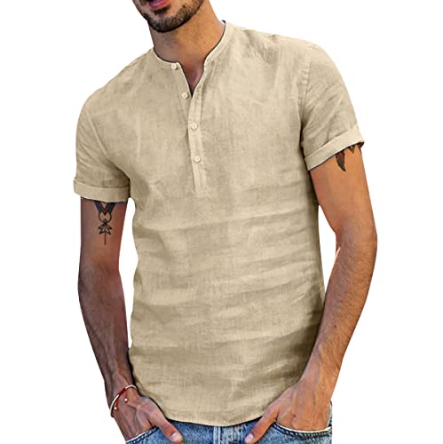 Coole T-Shirts Herren Übergroßes T-Shirt Herren Leinen T-Shirt Strand T-Shirt Außen T-Shirt Plus Size Herren T-Shirt Lockeres T-Shirt Baggy T-Shirt Elegantes T-Shirt Herren Khaki L von OADOBKICE