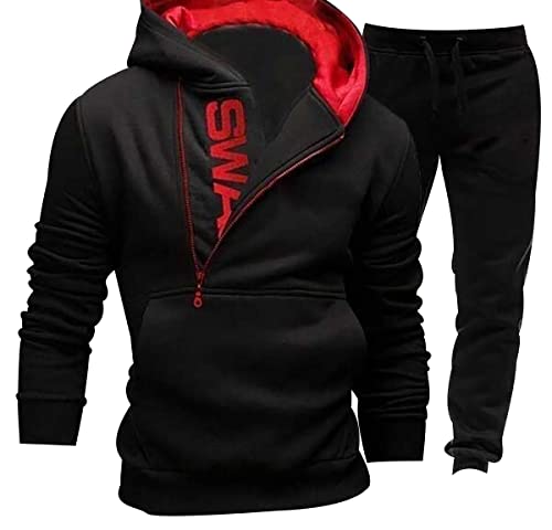 Herren Trainingsanzug Set Oversized Sweatshirt Herren Langarm Jogginganzug Lässiger Lockerer Herren Pullover Seitlicher Reißverschluss Fleece Sportanzug Elegante Sportbekleidung Schwarz Rot M von OADOBKICE