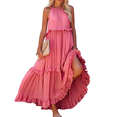 Langes Kleid Frauen Baggy Kleid Frauen Unregelmäßiger Kuchen Rock Ärmelloses Kleid Langer Wischrock Ferienkleid Sommerkleid Strandkleid Entspannter Rock Sommerkleid Mulit-Color Rosa S von OADOBKICE