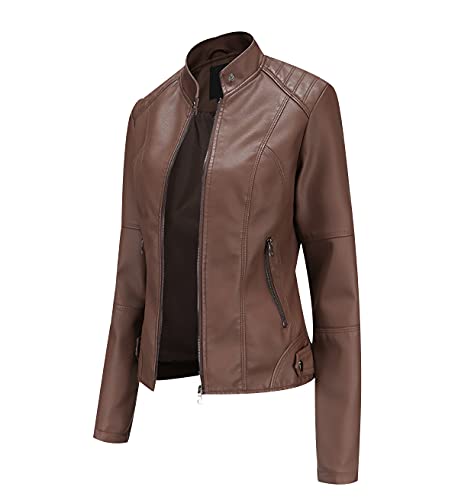 OADOBKICE Damen Jacke Leder Jacke Damen Billige Jacke Frauen Jacke Damen Schwarz Jacke Damen Leder Dünne Jacke Damen Female Kunstlederjacke Biker Damen Lederjacken Slim Fit Jacke Damen Kaffee 3XL von OADOBKICE