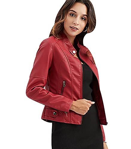 OADOBKICE Damen Jacke Leder Jacke Damen Billige Jacke Frauen Jacke Damen Schwarz Jacke Damen Leder Dünne Jacke Damen Female Kunstlederjacke Biker Damen Lederjacken Slim Fit Jacke Damen Rot EU-M von OADOBKICE