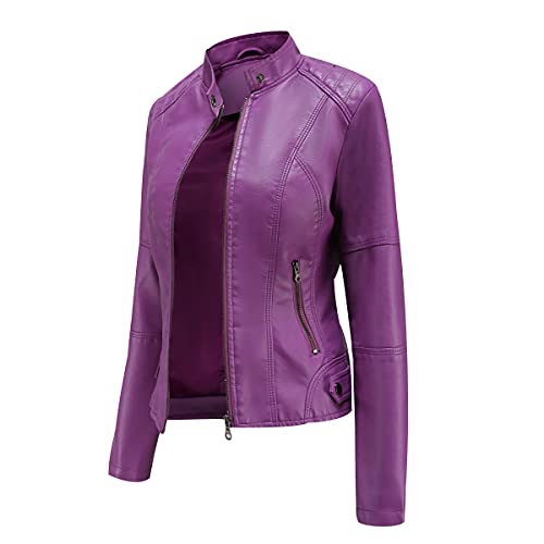 OADOBKICE Damen Jacke Leder Jacke Damen Billige Jacke Frauen Jacke Damen Schwarz Jacke Damen Leder Dünne Jacke Damen Female Kunstlederjacke Biker Damen Lederjacken Slim Fit Jacke Damen Violett EU-M von OADOBKICE