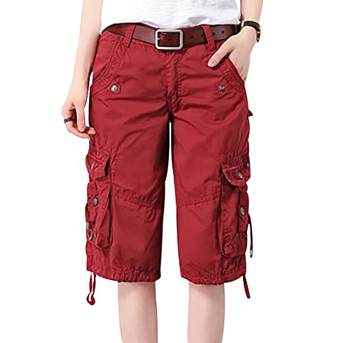OADOBKICE Damen Laufshorts Baggy Shorts Frauen Dünne Cargo Shorts Frauen 5-Punkt Hose Lose Shorts Multi-Pocket Shorts Plus Größe Hose Bermuda Shorts Camouflage Shorts Hose Damen Burgunderrot 30 von OADOBKICE