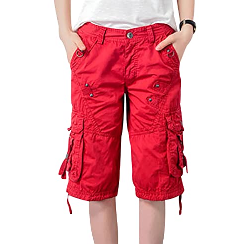 OADOBKICE Damen Laufshorts Baggy Shorts Frauen Dünne Cargo Shorts Frauen 5-Punkt Hose Lose Shorts Multi-Pocket Shorts Plus Größe Hose Bermuda Shorts Camouflage Shorts Hose Damen Großes Rot 31 von OADOBKICE