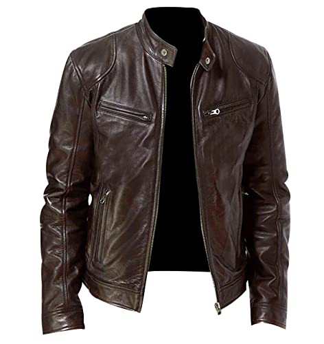 OADOBKICE Fahrradjacke Männer wasserdichte Jacken Für Männer Warme Jacke Motorrad Herren Pu-Lederjacke Herren Bikerbekleidung Lederjacke Mit Multi-Tasche Plus Größe Kunstlederjacke Braun 5XL von OADOBKICE