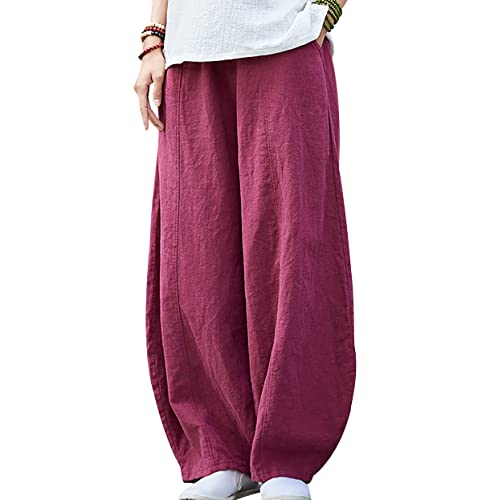 OADOBKICE Harems Hose Für Damen Freizeithose Damen Sommer Leinenhose Damen Retro Slim Fit Hose Casual Pump Hose Damen Hose Weiche Damenhose Uni Hose Pump Hose Damen Hose Rotwein S von OADOBKICE