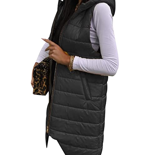 OADOBKICE Lange Weste Damen Weste Top Verstaubare Pufferweste Polar Soft Ärmellose Bodywarmer Weste Mit Klassischer Passform Reißverschlusstaschen Leichte Damenweste Klassische Weste Schwarz L von OADOBKICE