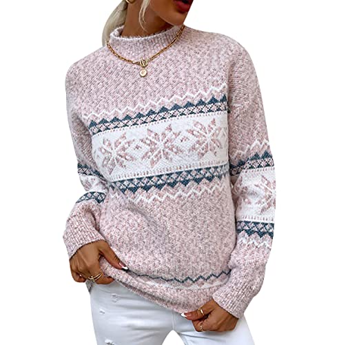 OADOBKICE Weihnachtspullover Damen Weihnachtspullover Damen Neuheit Pullover Urlaub Damen Halber Rollkragenpullover Schneeflocke Weihnachten Frauen Pullover Weicher Pullover Hässlicher Rosa M von OADOBKICE