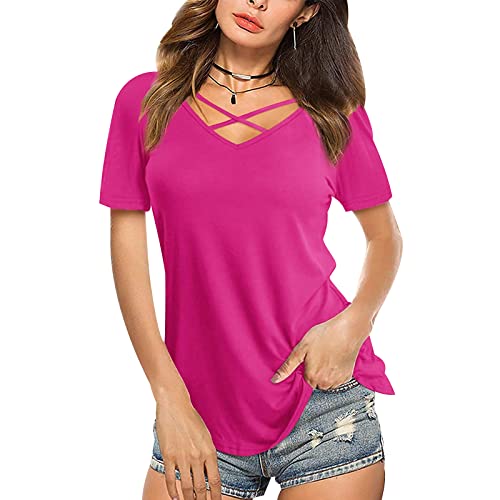 Oversize T-Shirts Damen V Hals T-Shirt Frauen Vordere Brust Gekreuzt V-Ausschnitt Kurzarm Lose T-Shirt Damen Maxi T-Shirt Billige T-Shirts Mode Bluse Lustiges T-Shirt Plus Größe Helles Rosenrot M von OADOBKICE