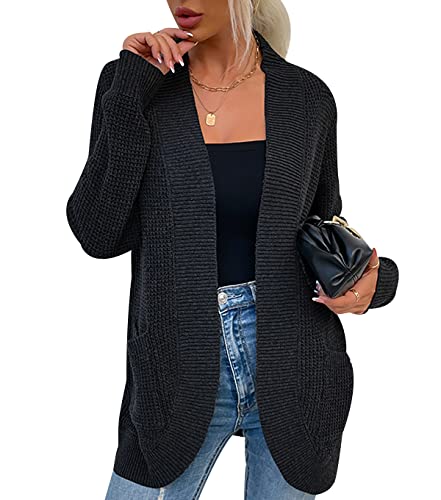 Pullover Damen Winter Long Cardigan Damen Weite Strickjacke Wollpullover Damen Strickpullover Saum Curved Pocket Cardigan Damenjacke Übergröße Damen Top Loose Pullover Top Schwarz L von OADOBKICE