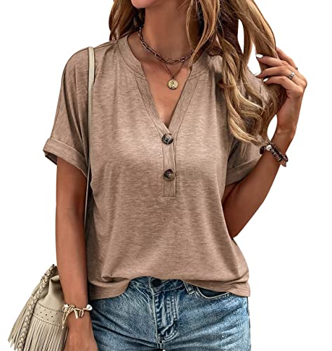Sommer Damen T-Shirt V Hals T-Shirt Damen Einfarbige Twist Button Mode Kurzarm T-Shirt Turn-Down Kragen Bluse Basic Damen T-Shirt Tunika Shirts Maxi T-Shirt Billige T-Shirts Khaki L von OADOBKICE