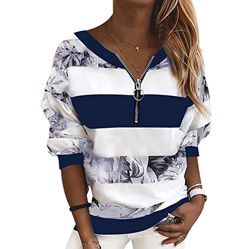 V-Ausschnitt Sweatshirt Damen Baggy Damen Bluse Mode Pullover Warme Bluse Langarmshirts Mit Reißverschluss Klassisches Sweatshirt Weicher Pullover Slim Fit Damen Sweatshirt Pullover Dunkelblau 5XL von OADOBKICE