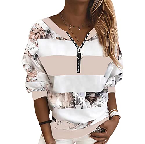 V-Ausschnitt Sweatshirt Damen Baggy Damen Bluse Mode Pullover Warme Bluse Langarmshirts Mit Reißverschluss Klassisches Sweatshirt Weicher Pullover Slim Fit Damen Sweatshirt Pullover Rosa 5XL von OADOBKICE