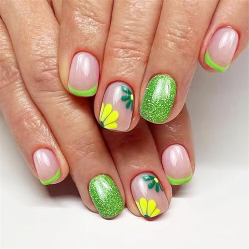24 Stcs Kurze Quadratglitzer Drücken Nägel Mit Blütendesigns Glänzender Finish False Nails Maniküre Easy Wear Für Frauen von OAJABBGE