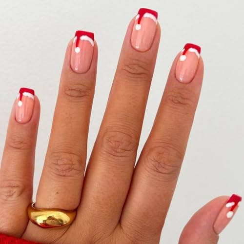 24 Stück Weihnachtsmütze Zum Aufkleben Künstliche Nägel Französische Spitze Vollständige Abdeckung Künstliche Nägel Kurzes Aufdrücken Der Nägel Für Frauen von OAJABBGE