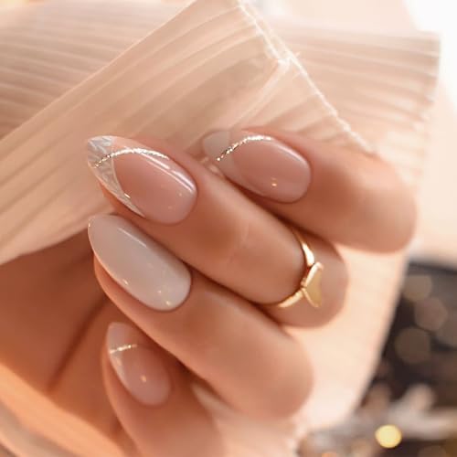 24pcs Press Auf Nägeln Mandelform Falsche Nägel Mit Glitzern Streifen Designs Französische Stile Kleben Auf Nägeln Für Frauen Mädchen von OAJABBGE