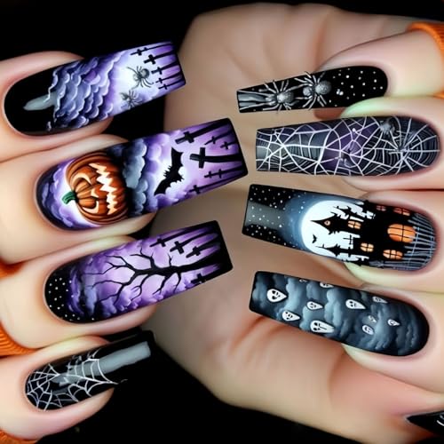 Halloween Themen Gefälschte Nägel 24PCs Ghosted Spiders Web Art Mandel Mandel False Nails Für Partybesucher Frauen Accessoire Halloween Presse Auf Nagelvolett Ballett von OAJABBGE