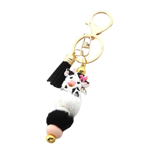 OAJABBGE Handgefertigter Cartoon Cow Keychain Mit Quasten Silikonperle Und Tieranhänger Keyring Stylish Accessoire Für Taschen Und Tasten von OAJABBGE