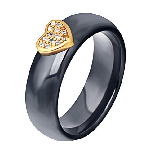 OAKKY 6MM Einfach Verlobungs-Eheringe Ring Keramik Gold Herzform Zirkonia Ring Keramiks zum Damen Schwarz Größe 52 (16.6) von OAKKY