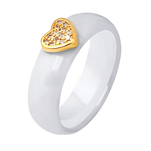 OAKKY 6MM Einfach Verlobungs-Eheringe Ring Keramik Gold Herzform Zirkonia Ring Keramiks zum Damen Weiß Größe 52 (16.6) von OAKKY