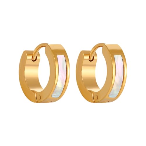 OAKKY Damen Dünn 4MM Trendig Elegant Regenbogen Perle Muschel Inlay Kleiner Huggie Hoop C-Förmiger Ohrring Edelstahl Ohrstecker Piercings Gold von OAKKY