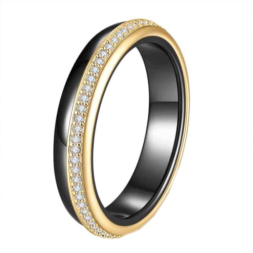 OAKKY Damen Edelstahl 4MM Minimalist Solide Plain Keramik Paar Ring Cubic Zircon Inlaid um Finger Band 52 (16.6) Größe Gold Schwarz von OAKKY