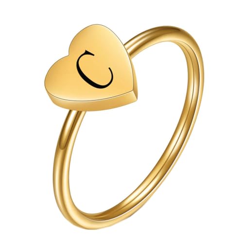 OAKKY Damen Edelstahl Einfach 7mm Pfirsich Herz Alphabet A bis Z Initialen Ringe Hochzeit Verlobung Statement Schmuck Gold C Größe 60 (19.1) von OAKKY