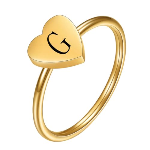 OAKKY Damen Edelstahl Einfach 7mm Pfirsich Herz Alphabet A bis Z Initialen Ringe Hochzeit Verlobung Statement Schmuck Gold G Größe 60 (19.1) von OAKKY
