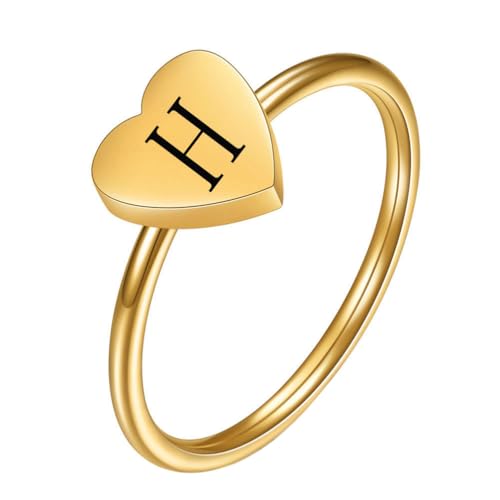 OAKKY Damen Edelstahl Einfach 7mm Pfirsich Herz Alphabet A bis Z Initialen Ringe Hochzeit Verlobung Statement Schmuck Gold H Größe 60 (19.1) von OAKKY