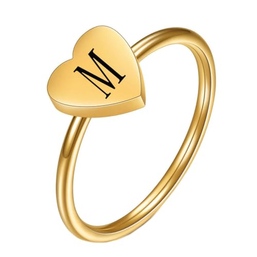 OAKKY Damen Edelstahl Einfach 7mm Pfirsich Herz Alphabet A bis Z Initialen Ringe Hochzeit Verlobung Statement Schmuck Gold M Größe 52 (16.6) von OAKKY