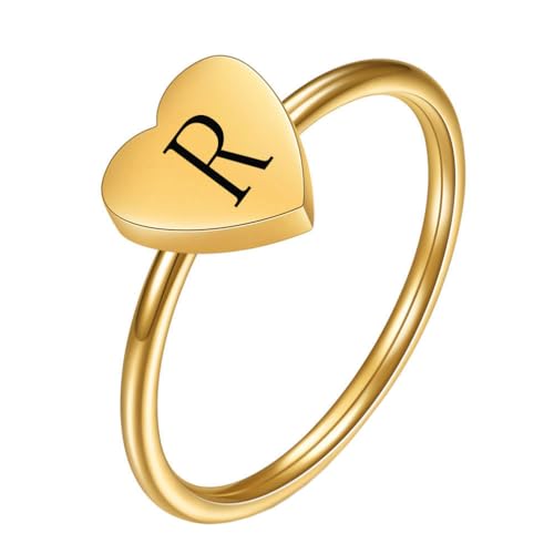 OAKKY Damen Edelstahl Einfach 7mm Pfirsich Herz Alphabet A bis Z Initialen Ringe Hochzeit Verlobung Statement Schmuck Gold R Größe 52 (16.6) von OAKKY