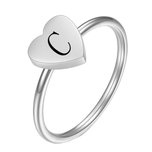 OAKKY Damen Edelstahl Einfach 7mm Pfirsich Herz Alphabet A bis Z Initialen Ringe Hochzeit Verlobung Statement Schmuck Silber C Größe 52 (16.6) von OAKKY