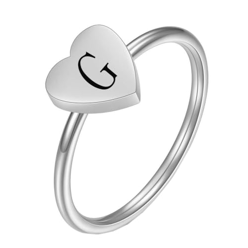 OAKKY Damen Edelstahl Einfach 7mm Pfirsich Herz Alphabet A bis Z Initialen Ringe Hochzeit Verlobung Statement Schmuck Silber G Größe 54 (17.2) von OAKKY