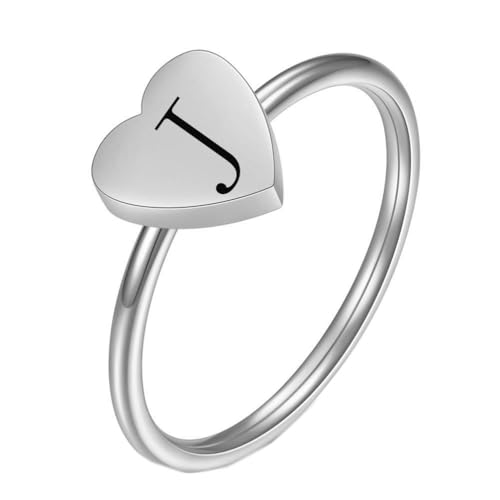 OAKKY Damen Edelstahl Einfach 7mm Pfirsich Herz Alphabet A bis Z Initialen Ringe Hochzeit Verlobung Statement Schmuck Silber J Größe 54 (17.2) von OAKKY