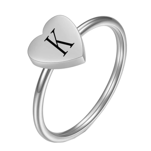 OAKKY Damen Edelstahl Einfach 7mm Pfirsich Herz Alphabet A bis Z Initialen Ringe Hochzeit Verlobung Statement Schmuck Silber K Größe 54 (17.2) von OAKKY