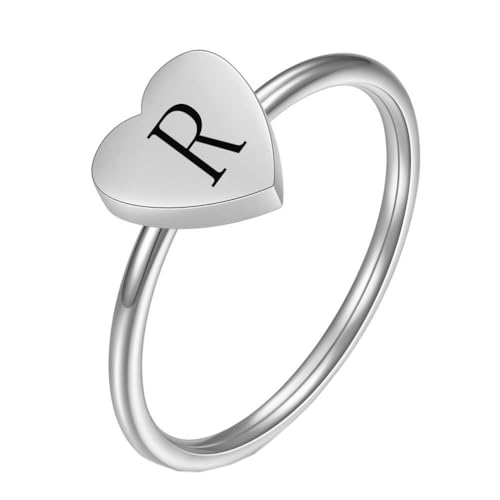 OAKKY Damen Edelstahl Einfach 7mm Pfirsich Herz Alphabet A bis Z Initialen Ringe Hochzeit Verlobung Statement Schmuck Silber R Größe 52 (16.6) von OAKKY