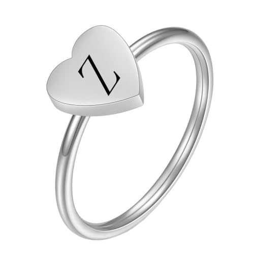 OAKKY Damen Edelstahl Einfach 7mm Pfirsich Herz Alphabet A bis Z Initialen Ringe Hochzeit Verlobung Statement Schmuck Silber Z Größe 52 (16.6) von OAKKY