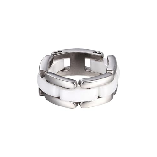 OAKKY Damen Edelstahl Einreihiger Keramischer Verlobungsring mit Verformbarer Kette 7MM Breite Fingerband 60 (19.1) Größe Weiß von OAKKY
