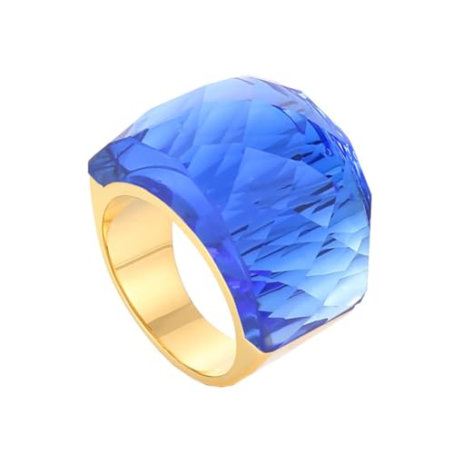 OAKKY Damen Edelstahl Kristallglas Edelstein Zirkon Chunky Cocktail Ring Funkeln Hochzeit Finger Schmuck Gold Blau Stein Größe 60 (19.1) von OAKKY