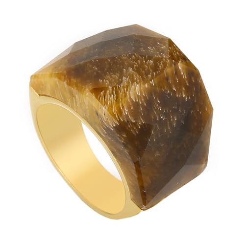 OAKKY Damen Edelstahl Kristallglas Edelstein Zirkon Chunky Cocktail Ring Funkeln Hochzeit Finger Schmuck Gold Brauner Stein Größe 52 (16.6) von OAKKY